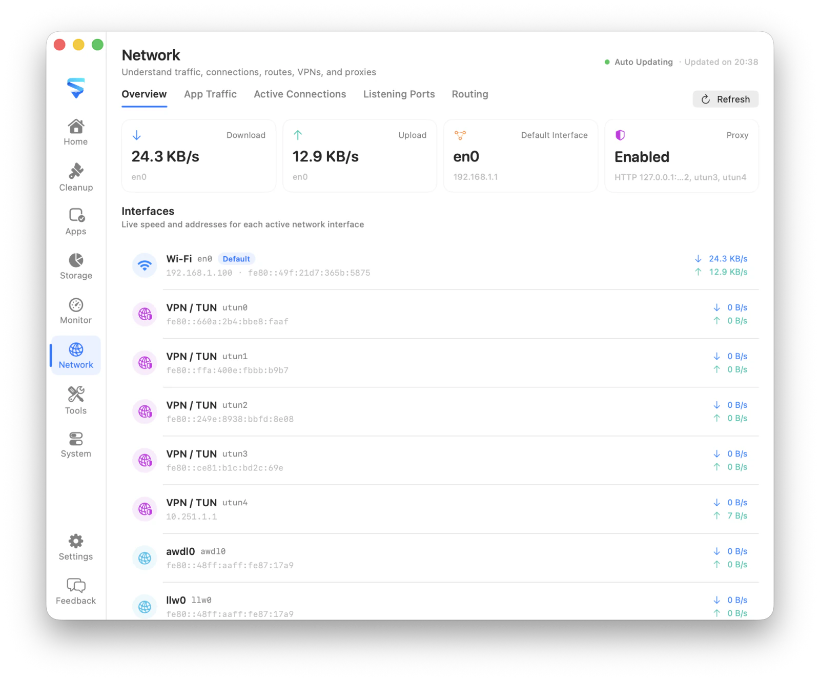 MachKit network overview showing interfaces and traffic
