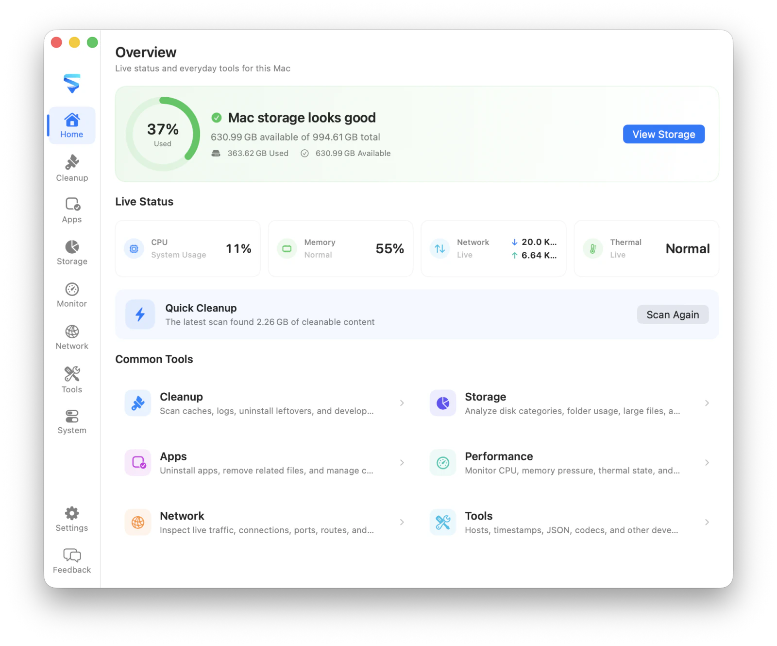 MachKit overview showing storage health, live status, and common tools