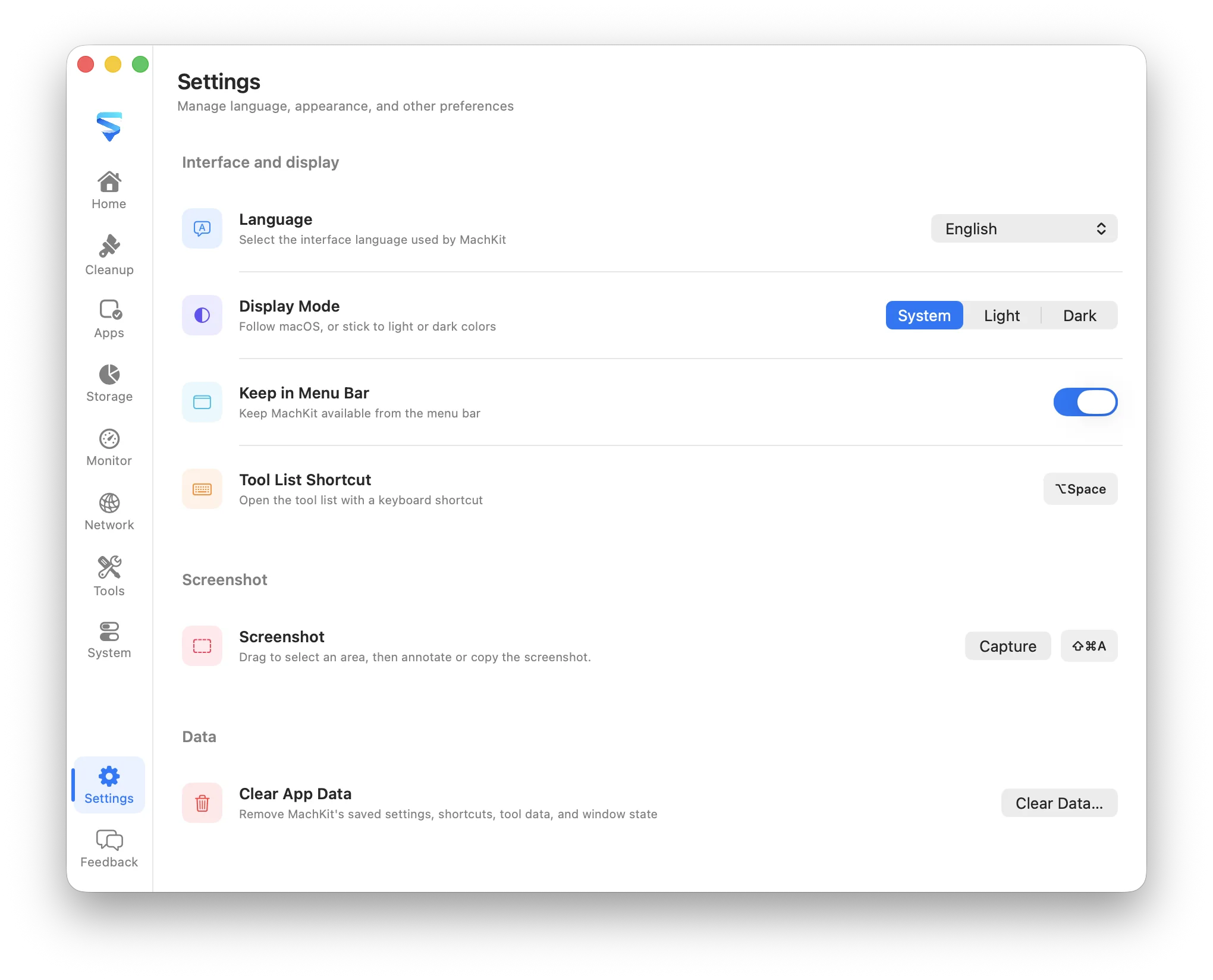 MachKit settings showing language, appearance, shortcuts, and local data controls