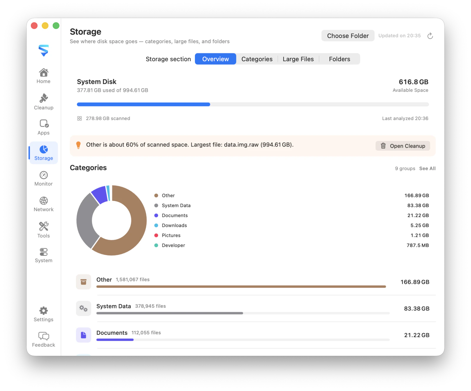 MachKit storage analysis showing folder sizes